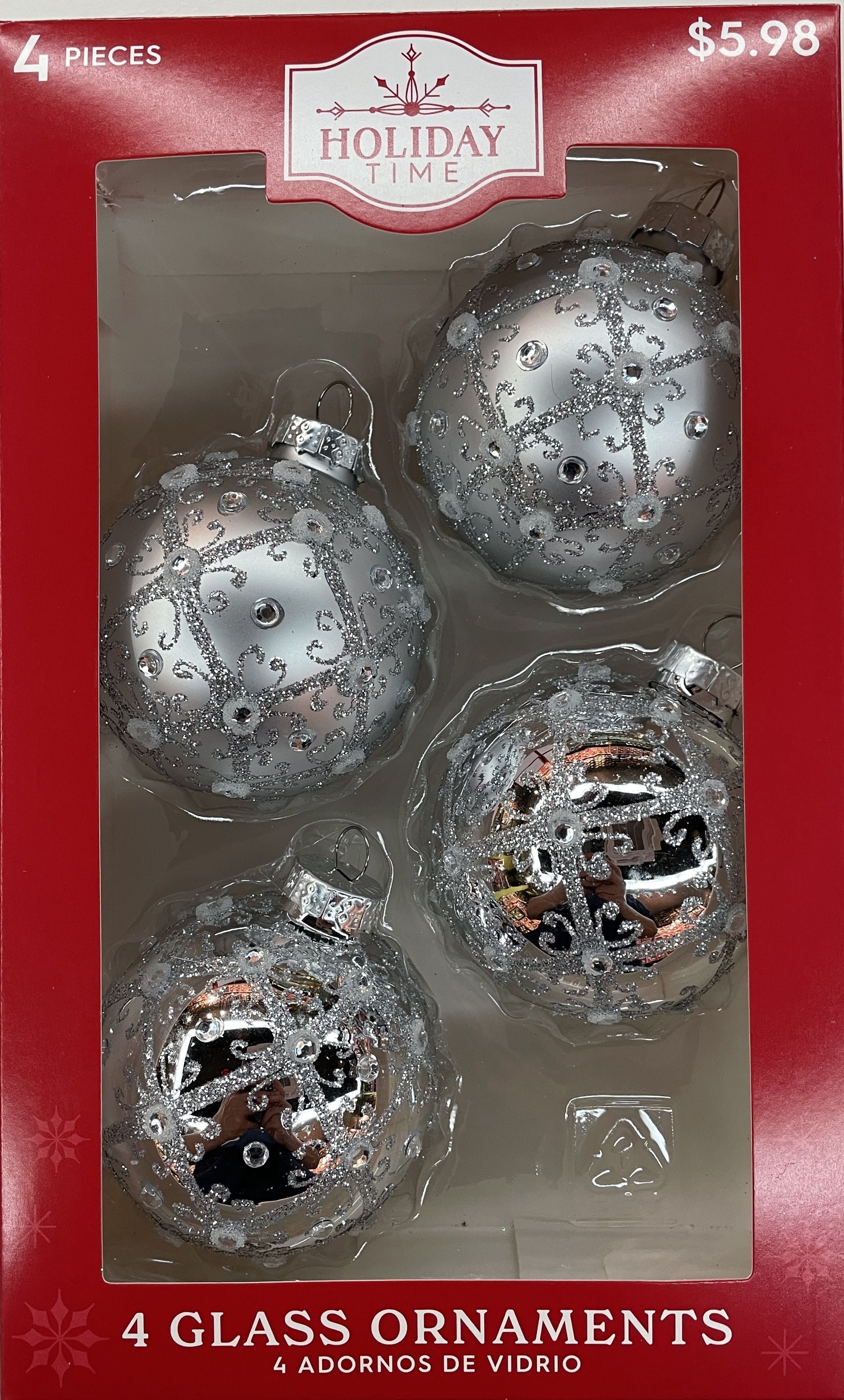 Holiday Time Christmas Silver Assortment Glass Ball Ornaments, 4 count, 65mm, Boxed Glass, Silver/Clear