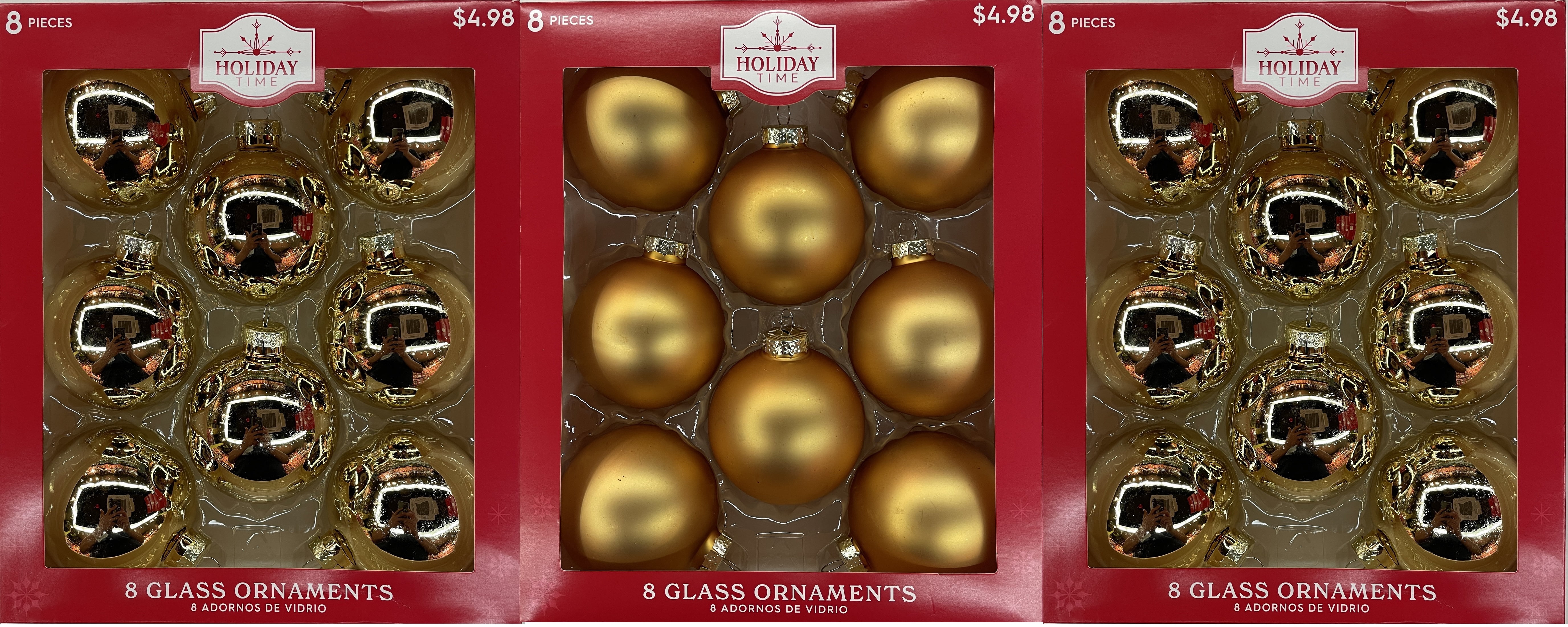 Holiday Time Christmas Solid Glass Ball Ornaments, 8 Count, 67mm, Gold Assortment, Boxed Glass