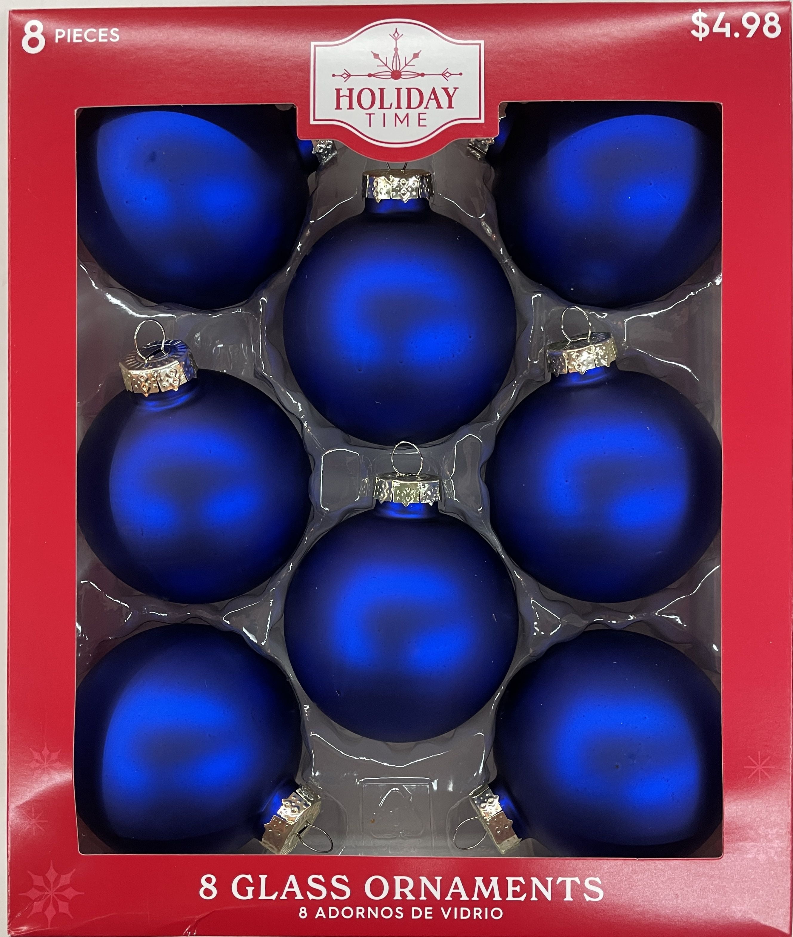 Holiday Time Christmas Solid Styles Glass Ball Ornaments, 2 5/8" (67MM), 8 Count, Boxed Glass, Blue/Silver