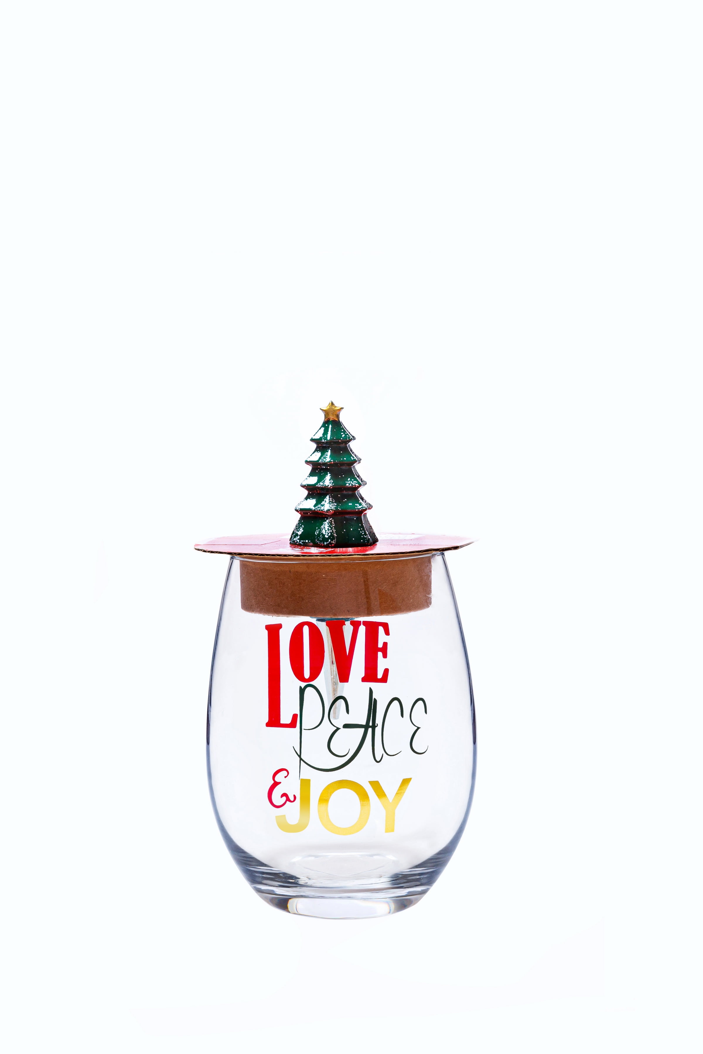 Holiday Time Christmas Stemless Wine Glass With Lid & Tree Bottle Stopper, Peace, Love & Joy