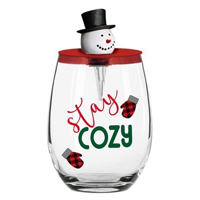Holiday Time Christmas Stemless Wine Glass With Lid & Tree Bottle Stopper, Stay Cozy