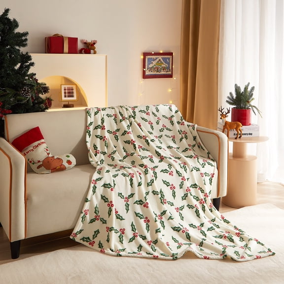 Holiday Time Cozy Christmas Holly Leaves Plush Oversized Throw Blanket, 50" x 72"