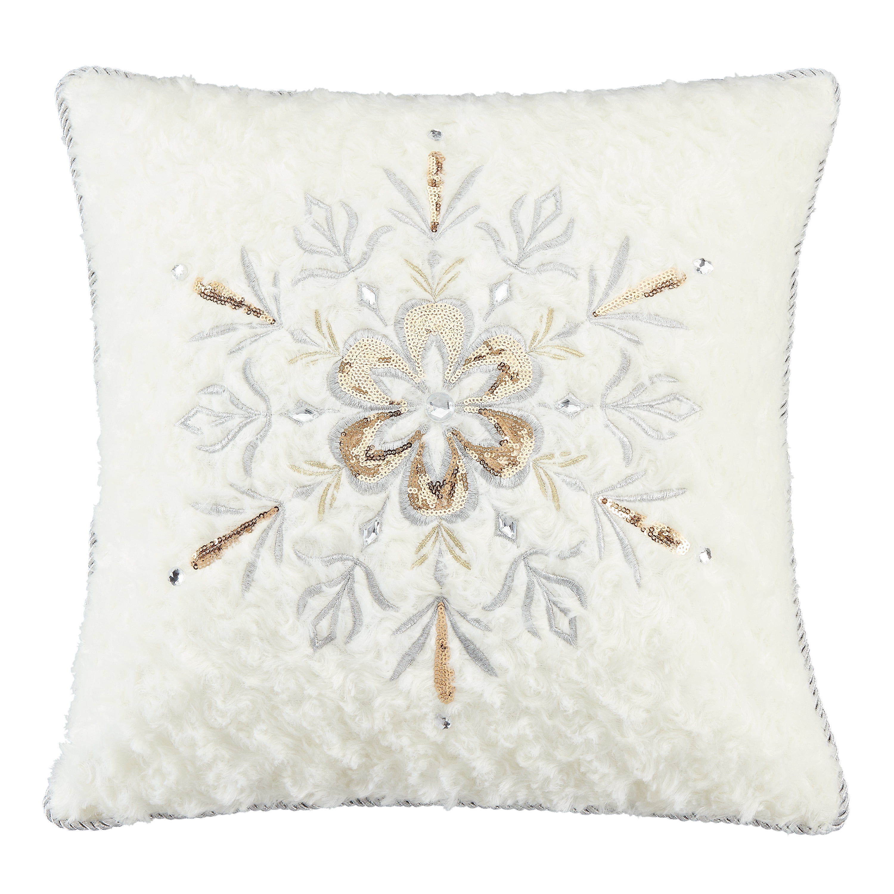 Holiday Time Cream Fur Sequin Snowflake Decorative Throw Pillow, 16" x 16" - Walmart.com