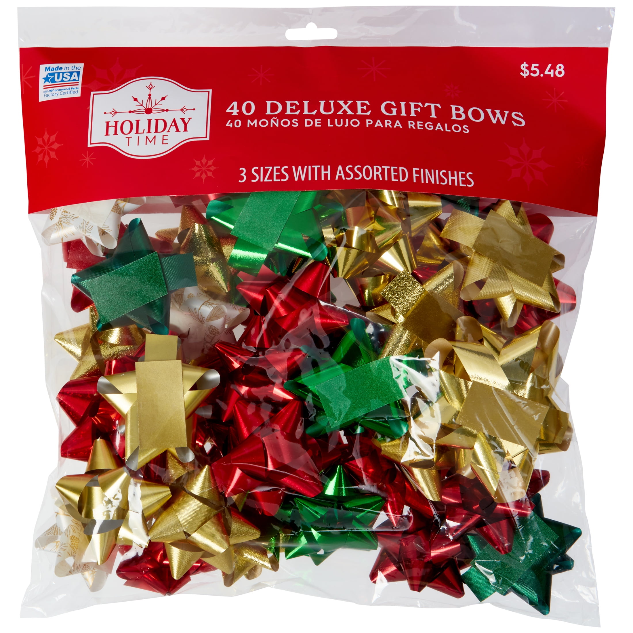 Red, Green, Gold Gift Bows, Christmas, Poly-Ribbon, Presents, Wrapping,  Multiple Sizes, 20 Count, Holiday Time 