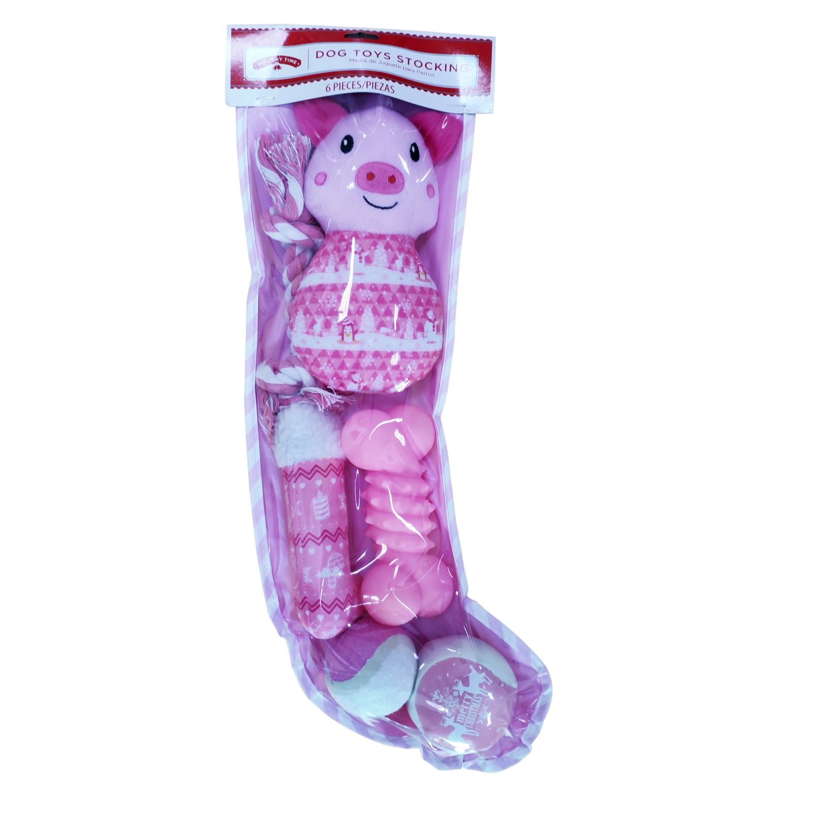 Holiday Time Dog Toys Stocking, Pink, 6 Pieces