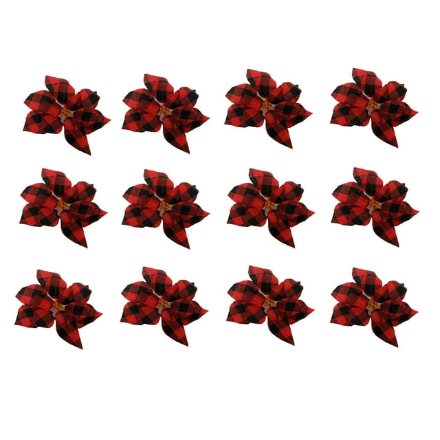 Holiday Time Dotcom 12 Pack Red and Black Check Poinsettia Clips