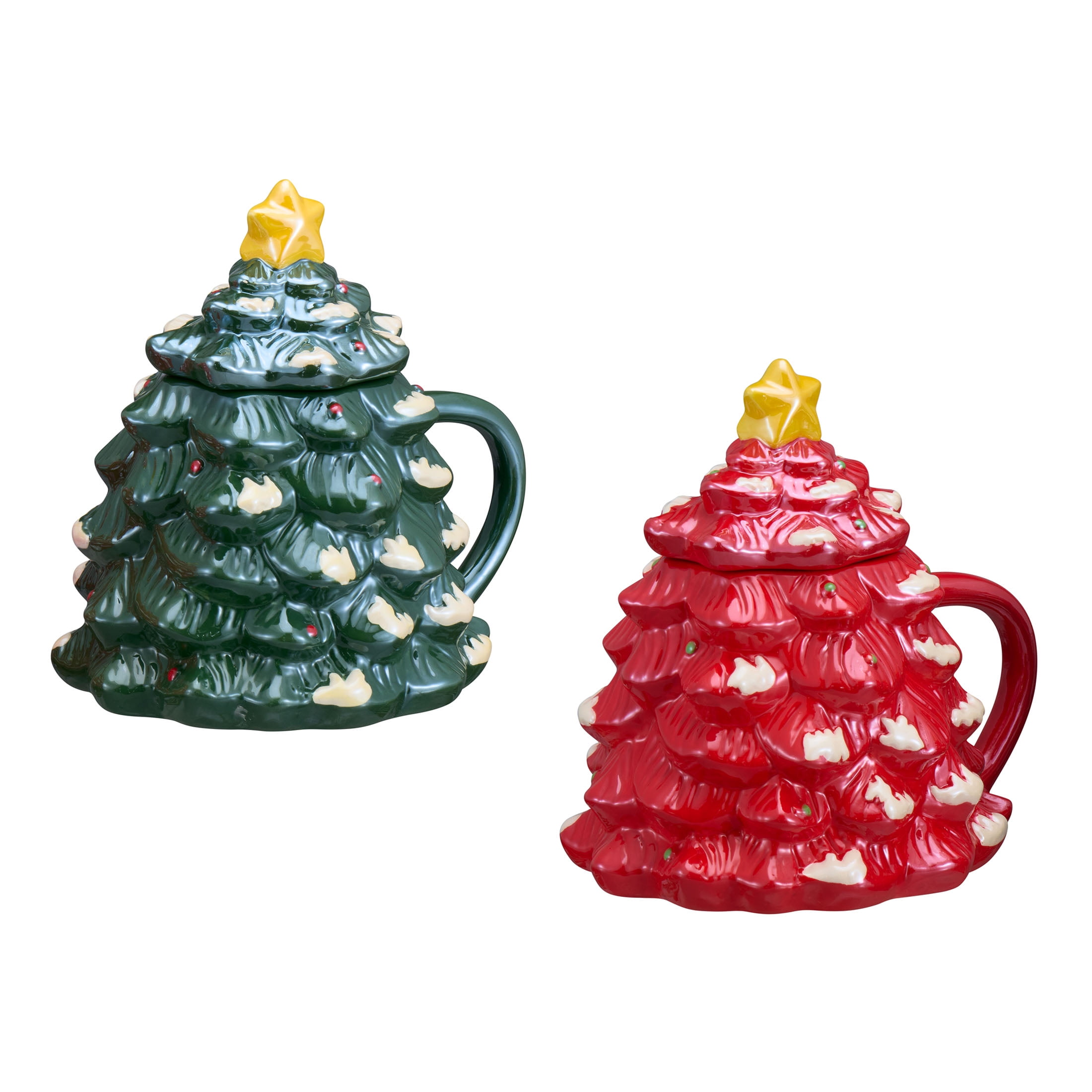 Holiday Time 14-oz Holiday Tree Glazed Stoneware Ceramic Mug with Lid, 2 Pack, Multicolor