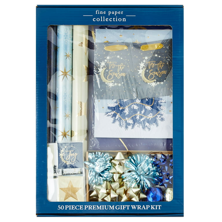 Holiday Time Fine Paper Collection Premium Gift Wrap Kit, Navy and Gold