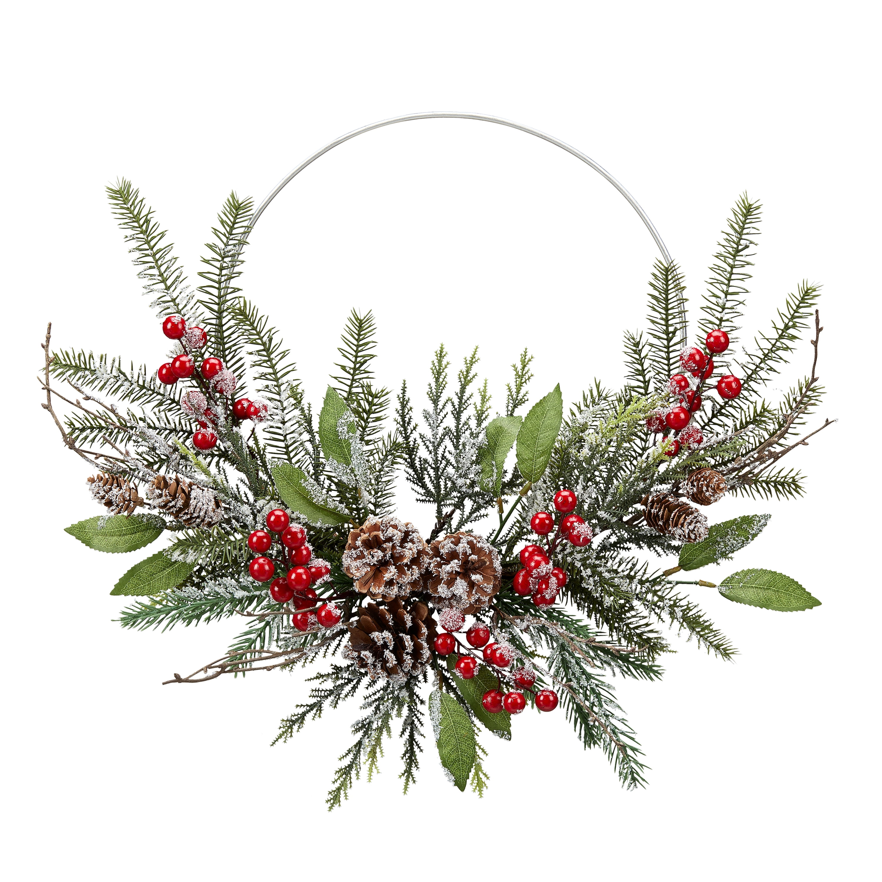 Holiday Time Flocked Evergreen and Metal Ring Wreath, 16"
