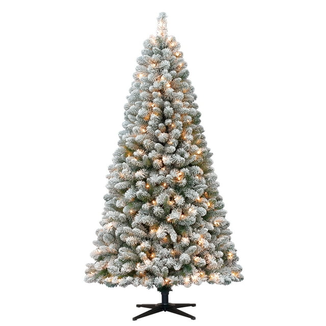 Holiday Time Flocked Pine Christmas Tree 6.5 ft, White on Green