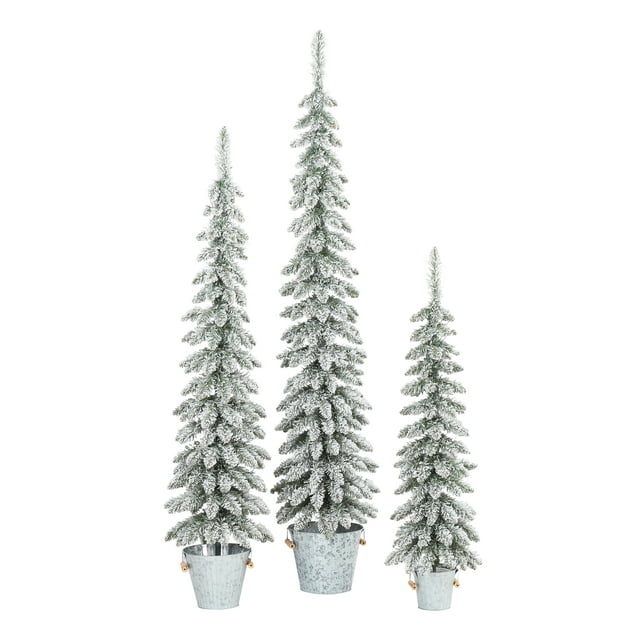 Holiday Time Flocked Pine Tree with Galvanized Bucket Set of 3