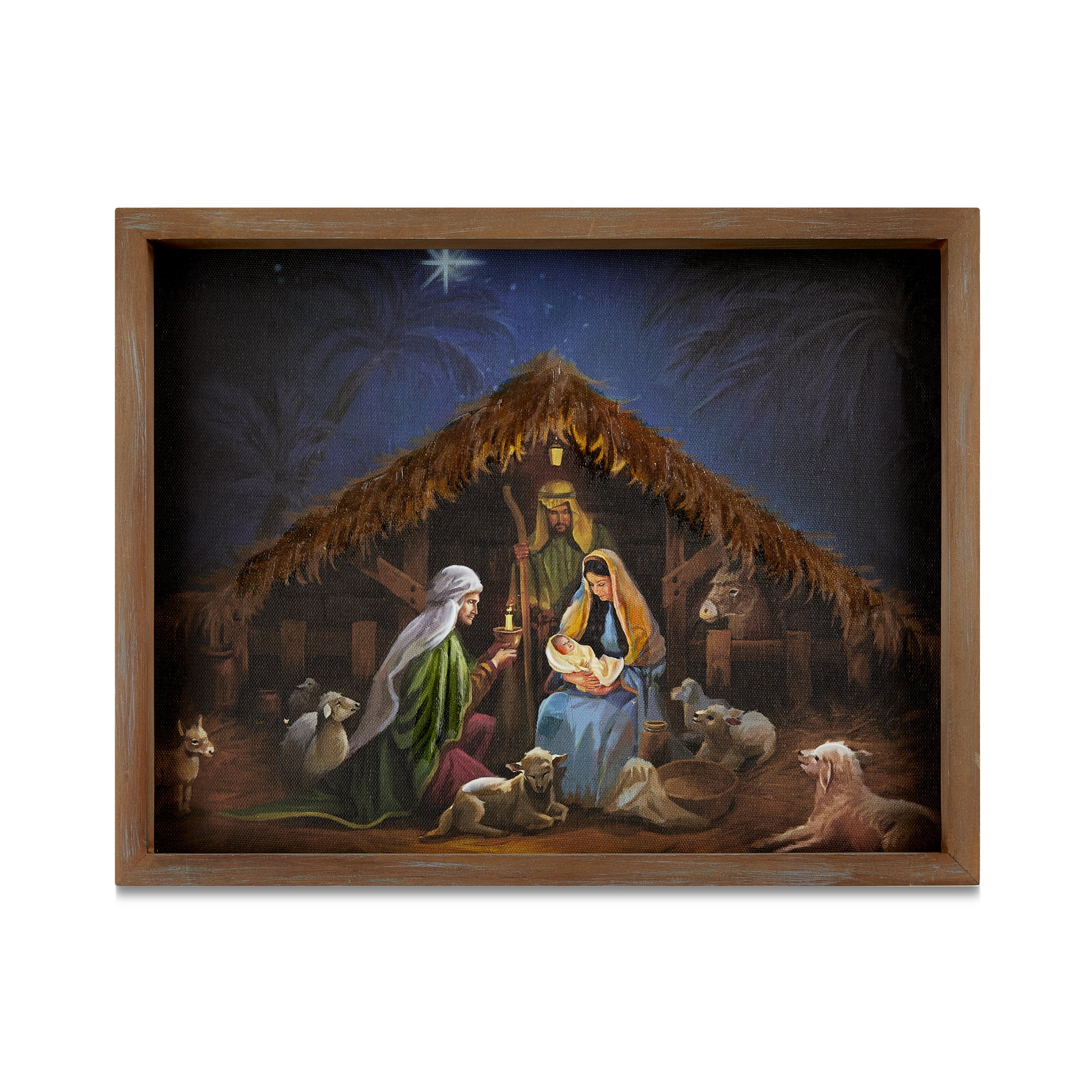 Gathering in the Nativity Reclaimed Wood Framed Embellished Canvas Print Christmas Wall Art, 14 in, by Holiday Time