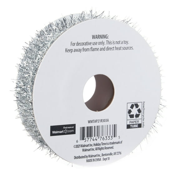 Holiday Time Gift Trim, Silver Tinsel, 15'
