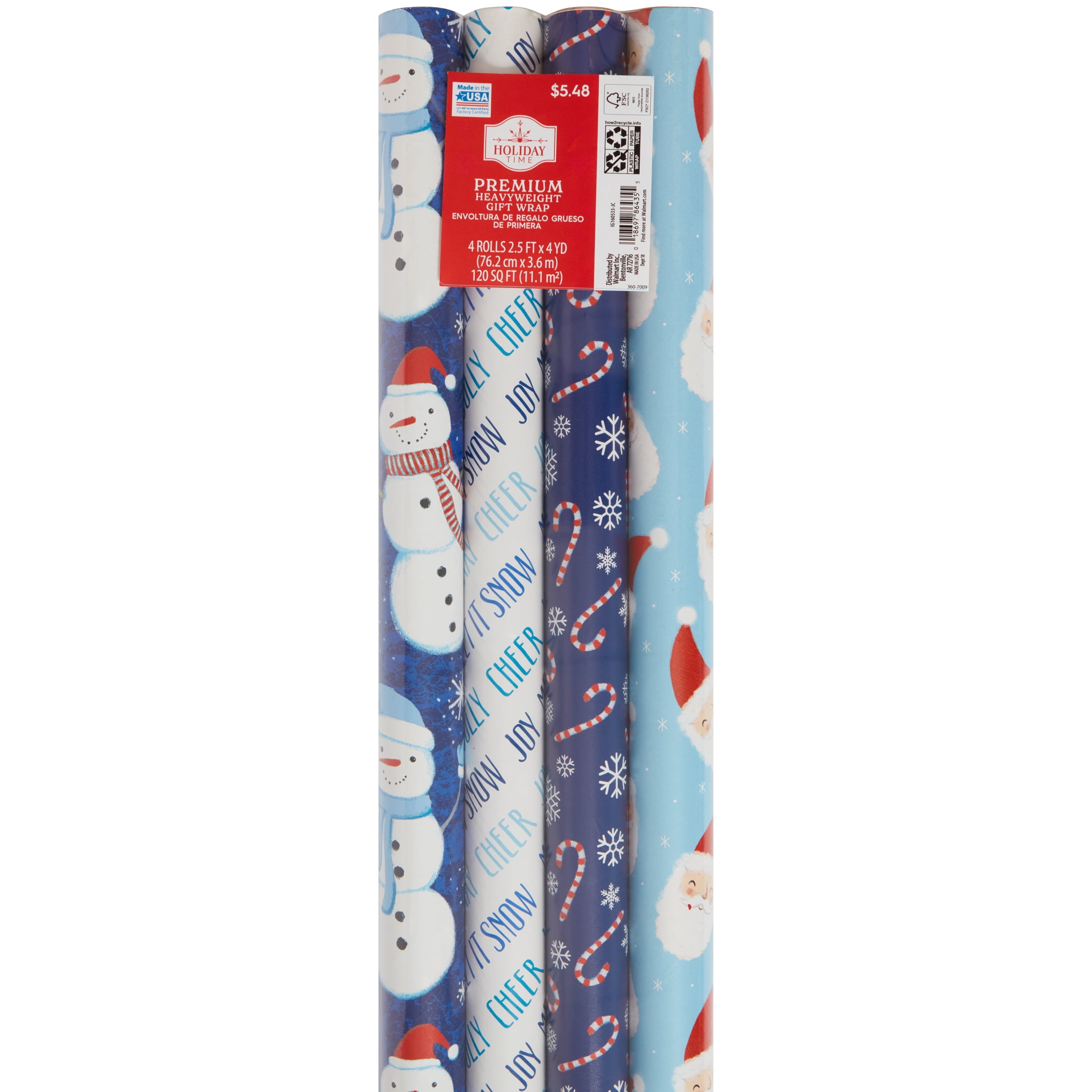Holiday Time Gift Wrap, Christmas, 30" Wide, 120 Sq. Ft., Blue, 4 Rolls