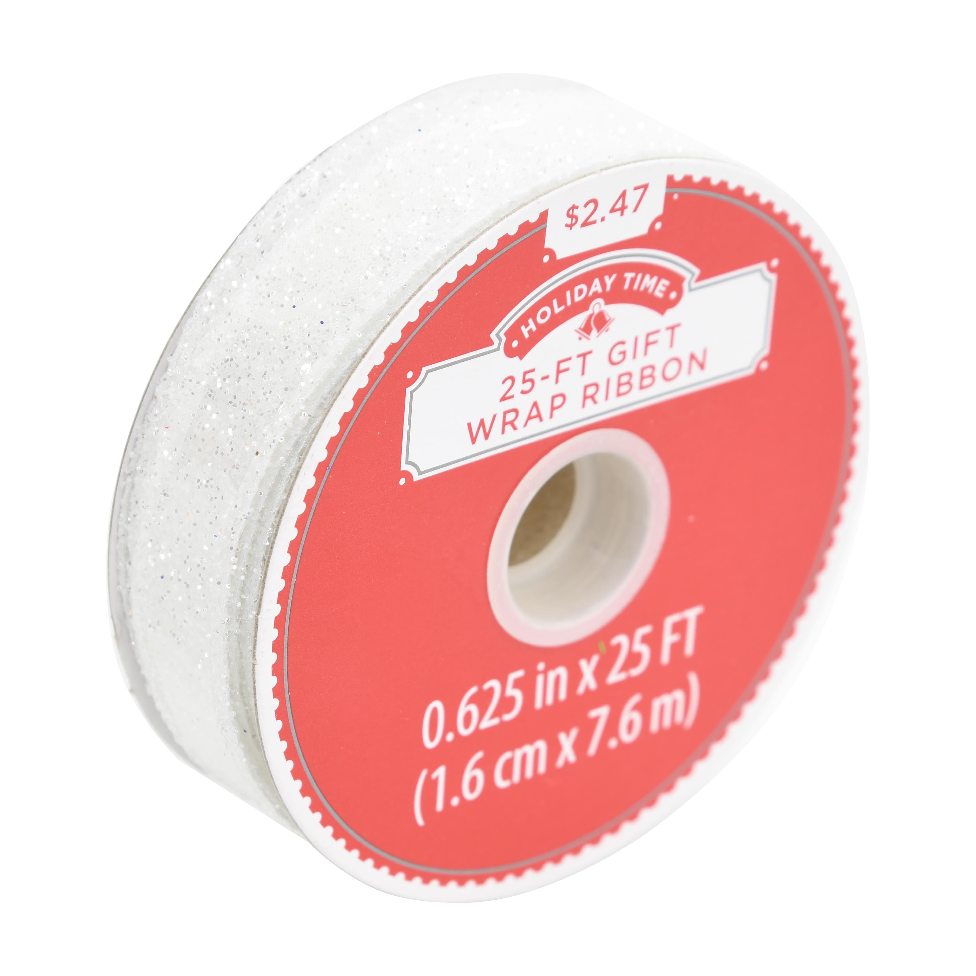 Holiday Time Gift Wrap Ribbon, Silver Glitter, .625" x 25'