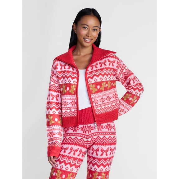 Holiday Time Women's & Women's Plus Gingerbread Print Zip Cardigan, Sizes XXS-4X