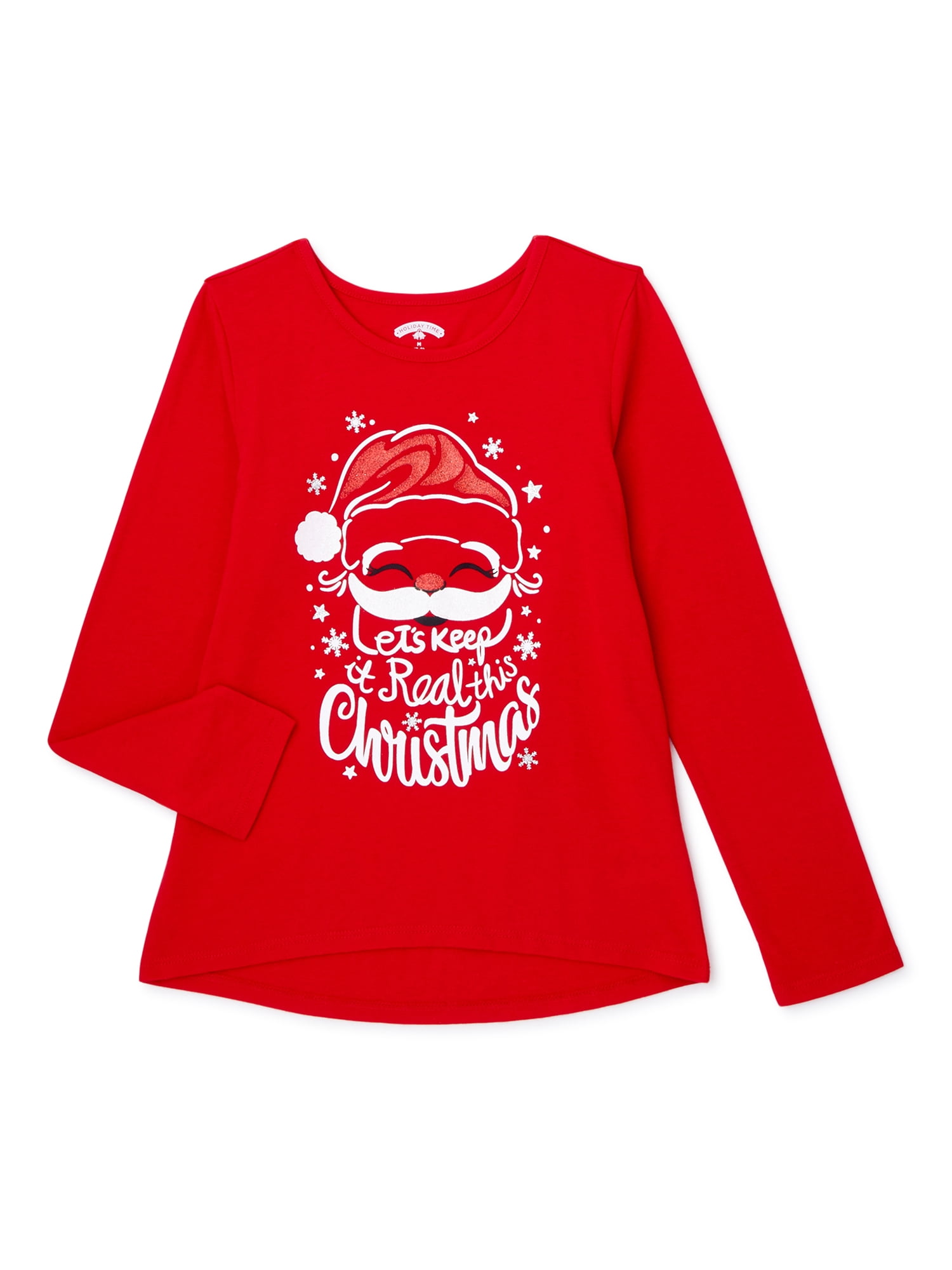 Holiday Time Girls Christmas Santa Long Sleeve T-Shirt, Sizes 4-18