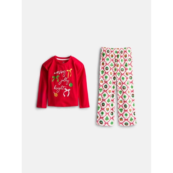 Holiday Time Girls Long Sleeve Graphic Tee and Pants Pajama Set, 2 Piece, Sizes 4-18