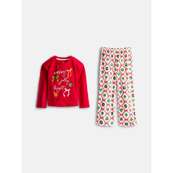 Holiday Time Girls Long Sleeve Graphic Tee and Pants Pajama Set, 2 Piece, Sizes 4-18