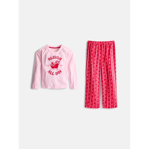 Holiday Time Girls Long Sleeve Graphic Tee and Pants Pajama Set, 2 Piece, Sizes 4-18
