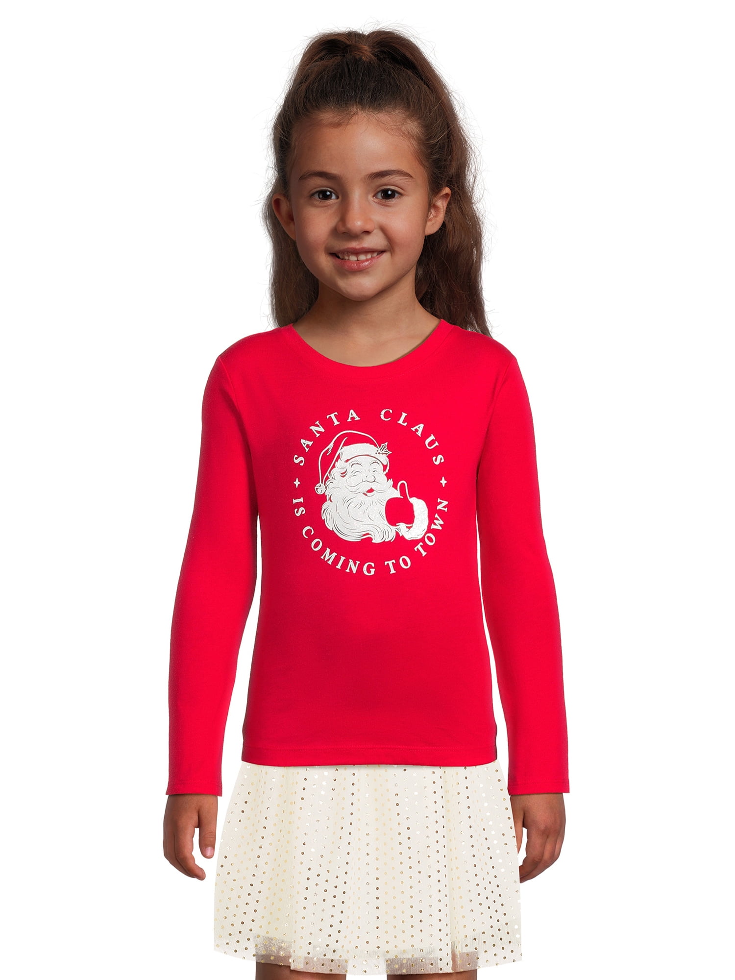 Holiday Time Girls Long Sleeve Santa Tee, Sizes 418