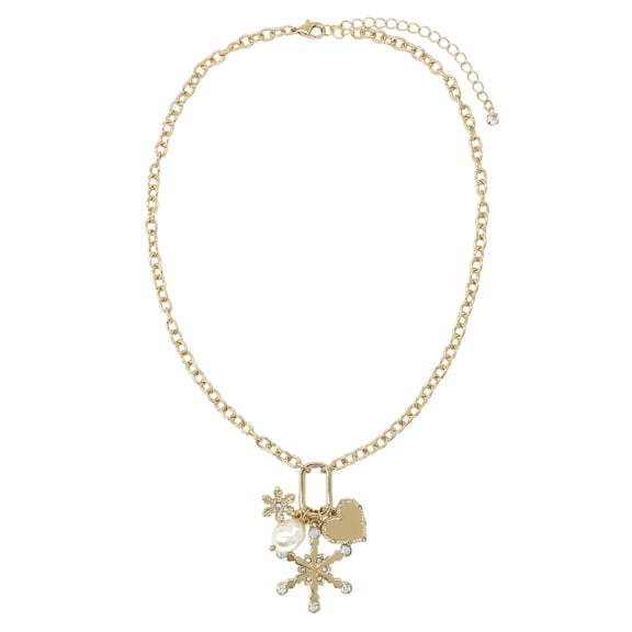 Holiday Time Gold-Tone Charm Necklace with Rhinestone Snowflakes, Faux Pearl, Heart Lock
