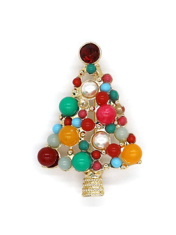 Gold-Tone Multicolor Beaded Christmas Tree Brooch with Faux Pearls and Rhinestone Accents