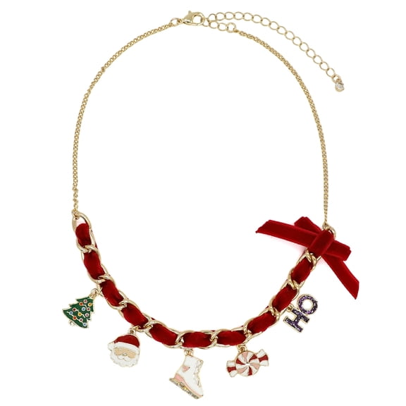 Holiday Time Gold-Tone Red Velvet Ribbon Chain Necklace