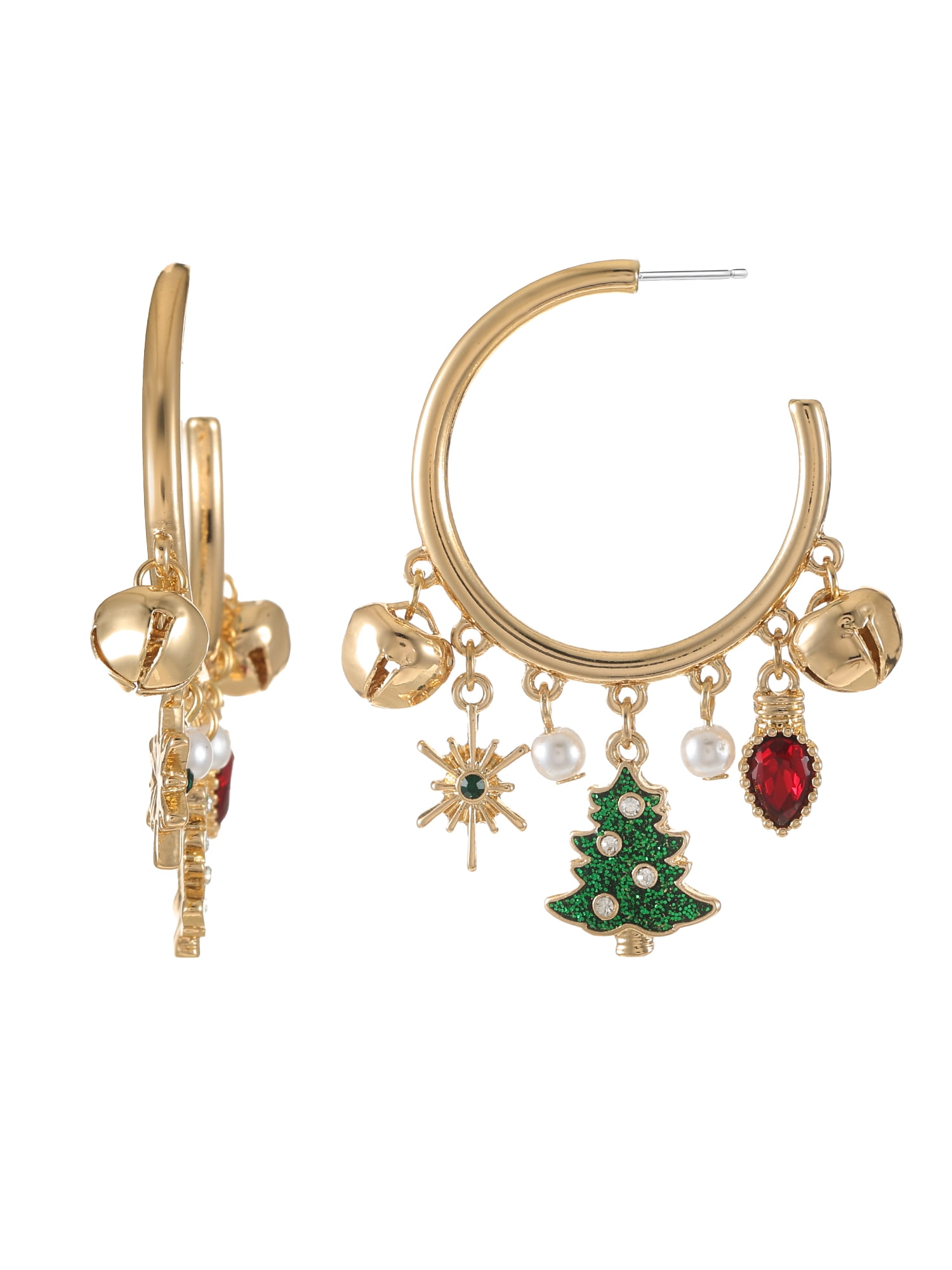 HOLIDAY TIME Goldtone Hoop and Christmas Charm Earrings, 1 Pair