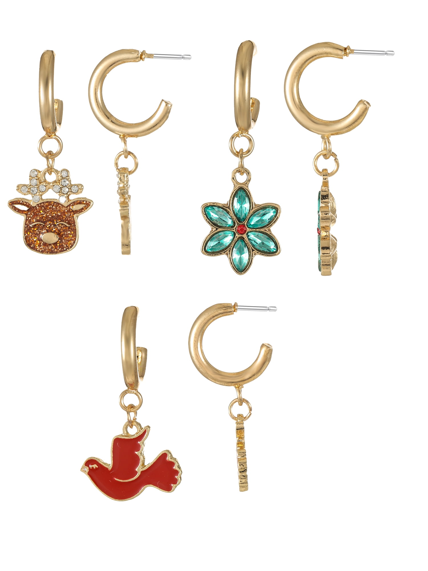 Holiday Time Goldtone Hoop and Christmas Charm Earrings, 3 Pairs