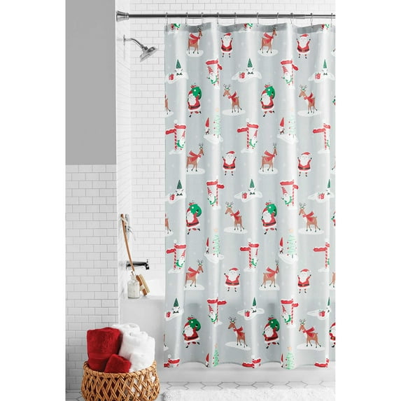 Holiday Time Gray Santa Printed Polyester Shower Curtain, 72 in x 72 in