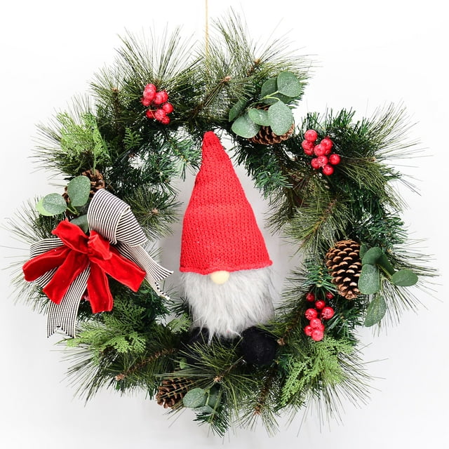Holiday Time Green Christmas Wreath with Gnome, Decorative Accent Hanging Ornament, 26"H