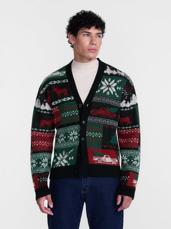 Men's Christmas Cardigan with Long Sleeves, Midweight, Sizes XS-3XL