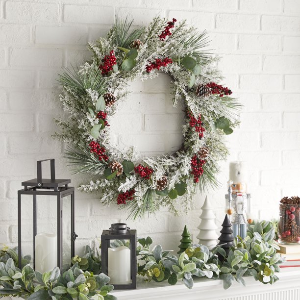 Holiday Time Lambs Ear Red Berries Christmas Wreath, 28 Inch - Walmart.com