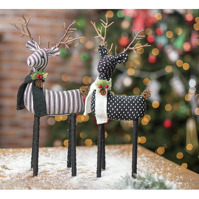 Holiday Time Large Fabric Black & White Deer Set of 2; Tabletop Christmas Décor