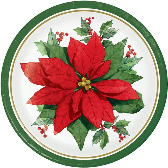 Holiday Time Large Round Red and Green Poinsettia Paper Plate, 20 Count