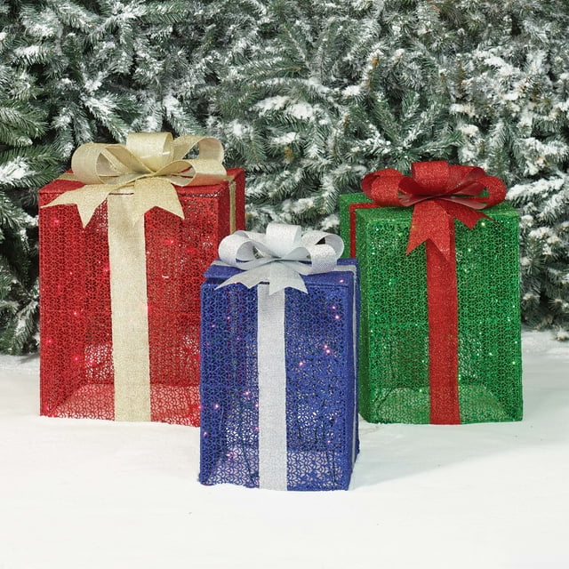 Holiday Time Lightup Glitter Mesh Gift Boxes