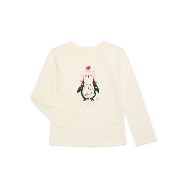 Holiday Time Girls Christmas Penguin Graphic Tee with Long Sleeves, Sizes 4-18