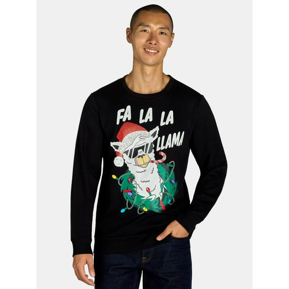 Holiday Time Men's & Big Men's Christmas Fa La La Llama Lightup Crewneck Fleece Sweatshirt, Sizes XS-3XL