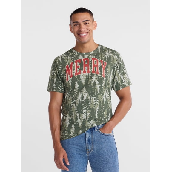 Holiday Time Men's Christmas Merry Camo Print Graphic Tee, Sizes XS-4XLT