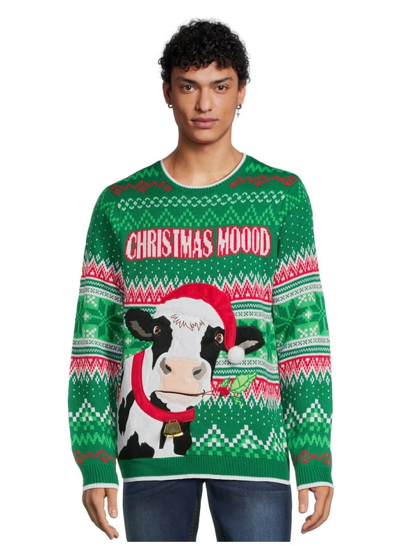 Holiday Time Men's Cow Ugly Christmas Sweater with Long Sleeves