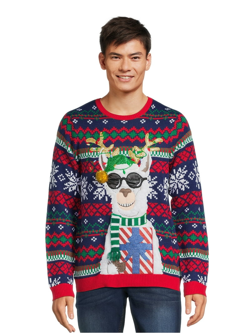 Holiday Time Men's Llama Ugly Christmas Sweater Soft Festive
