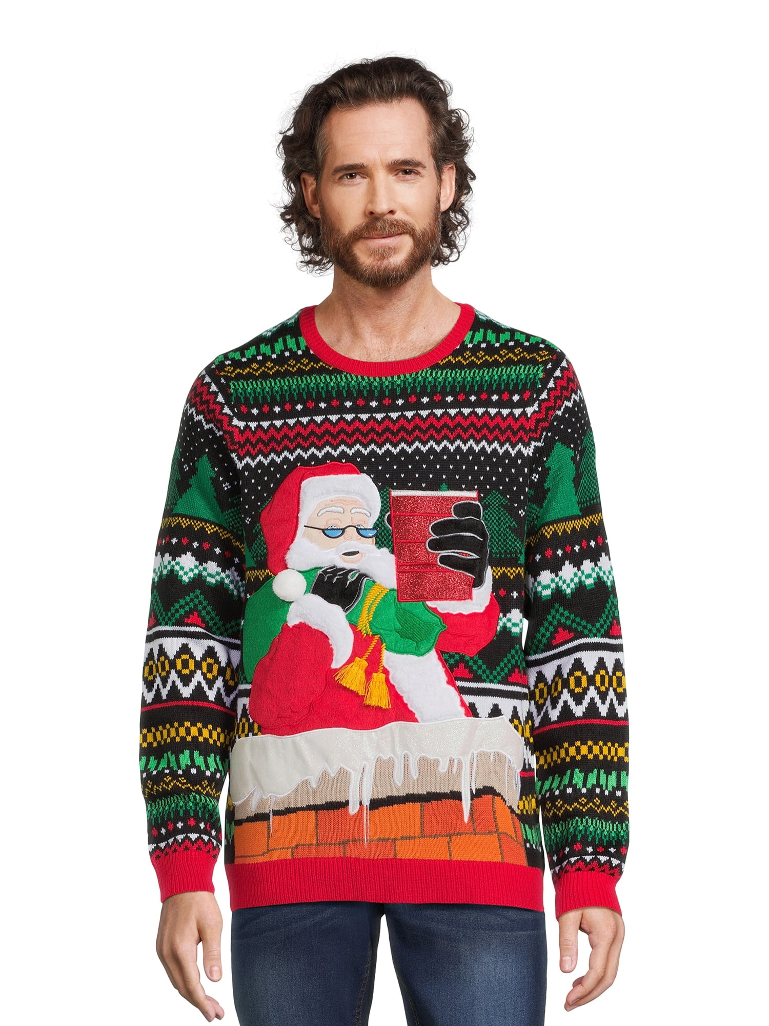 Holiday Time Men's Santa Ugly Christmas Sweater with Long Sleeves ...