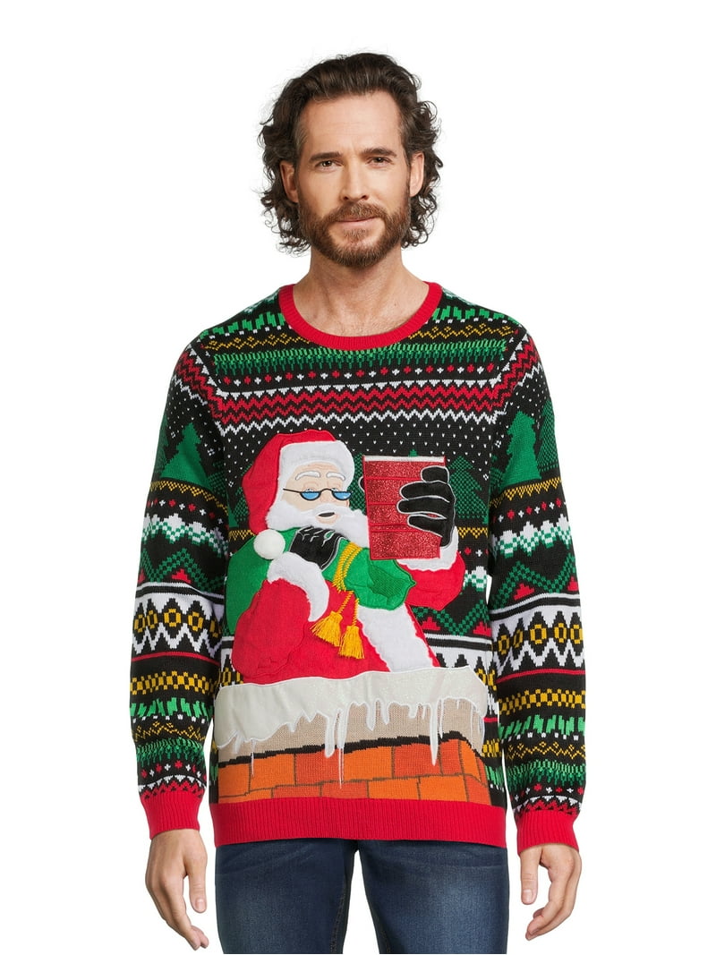 Holiday Time Men's Santa Ugly Christmas Sweater with Long Sleeves