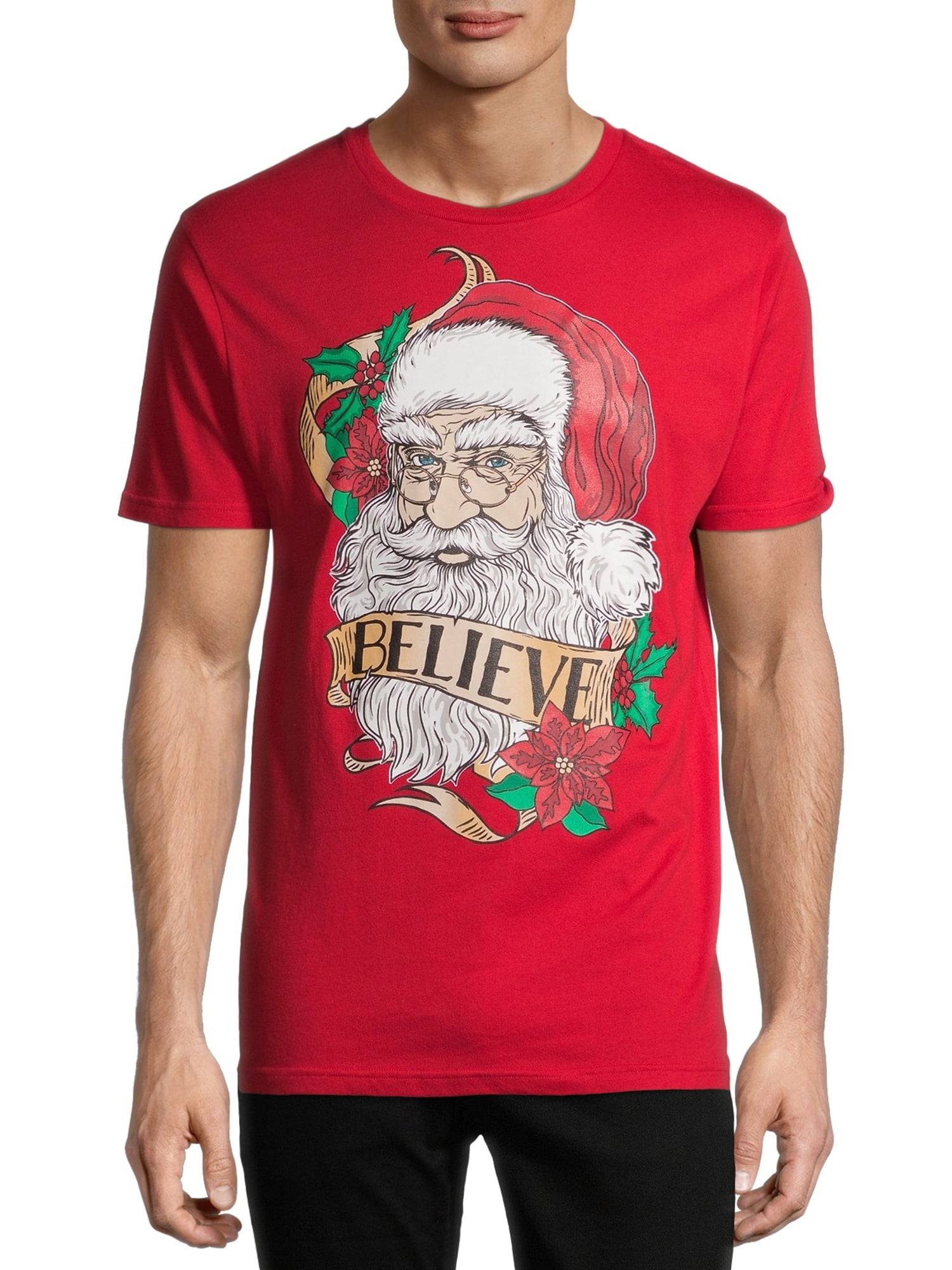 Holiday Time Men's Short Sleeve "Santa Face Believe" Christmas Tee