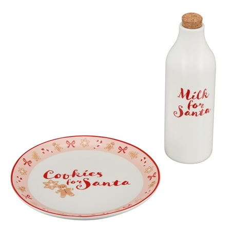 Holiday Time Multicolor Round Glazed Earthenware Ceramic Santa Cookie Plate with Corked Milk Bottle price history and forecast - Holiday Time