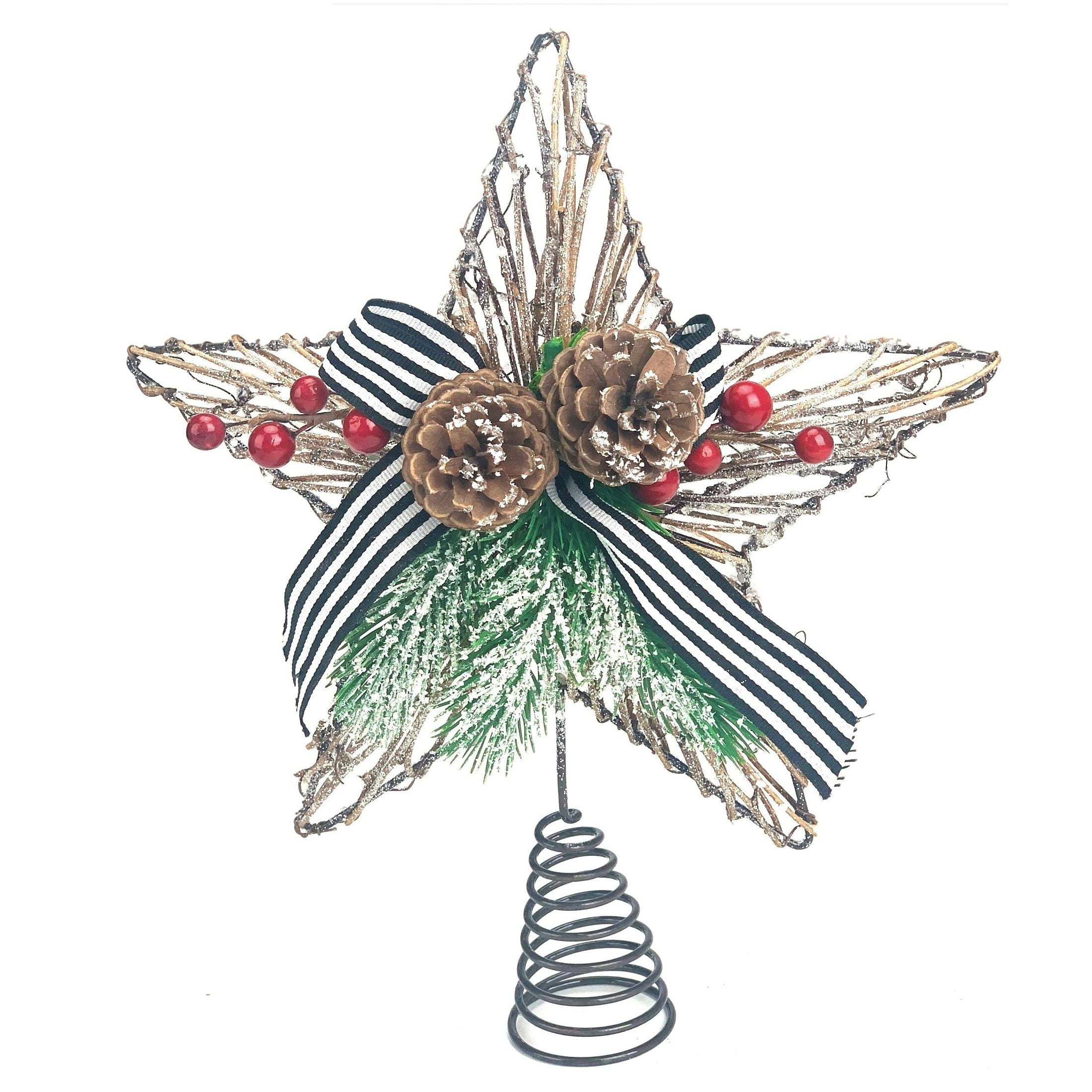 Holiday Time Natural Star with Bow Tree Topper. Tree Topper Theme. Brown Color.