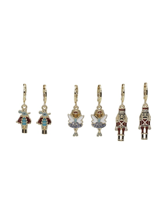 Nutcracker, Ballerina, and Toy Soldier Enamel Hoop Earrings, 3-Pair Set