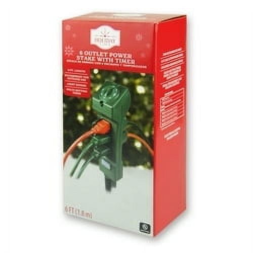 Holiday Time Outdoor 6-Outlet Power Stake With Timer, 1625 Watts, Green, 6'