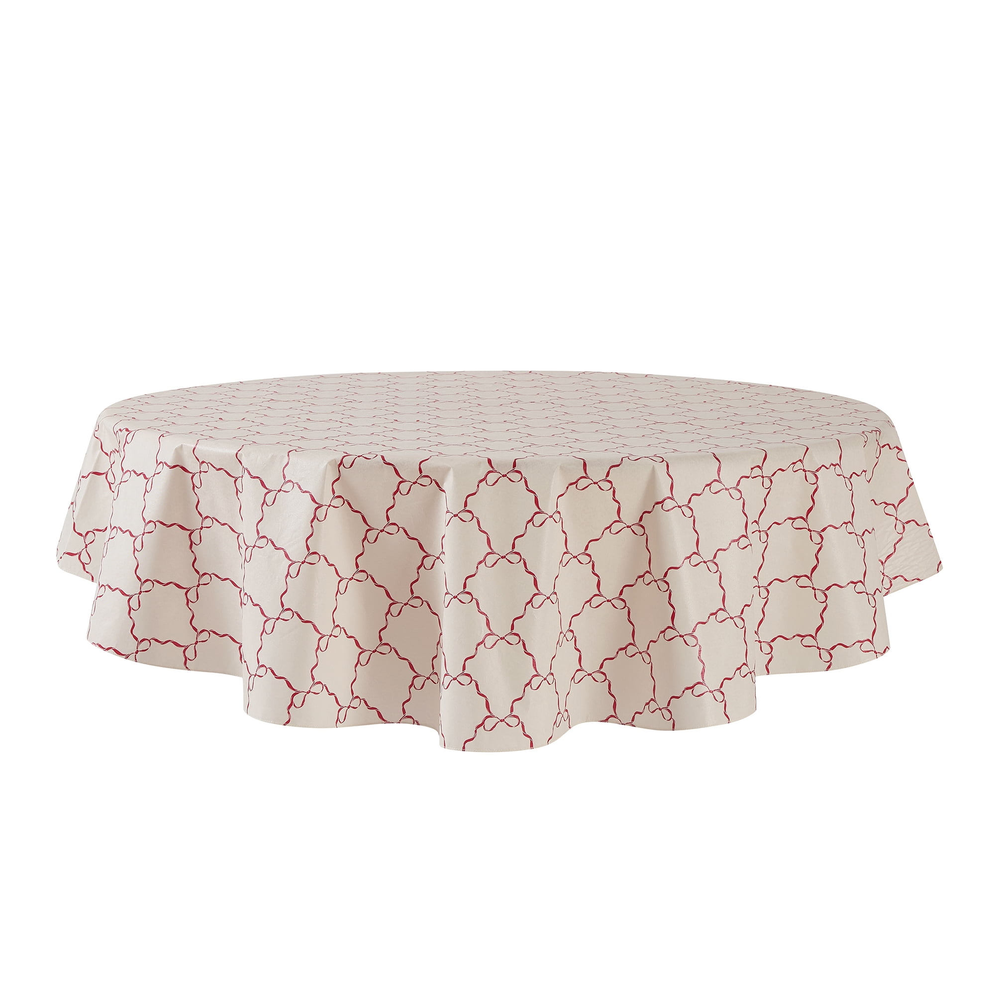 Holiday Time Christmas Bow Trellis Reusable Tablecloth, Party Decoration 70" Round - White